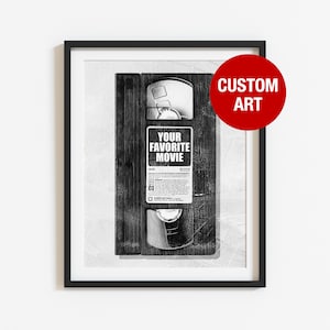 May include: Black and white image of a VHS video cassette tape with the text "YOUR FAVORITE MOVIE" on the label. The image has a vintage, distressed look.