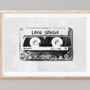 May include: Black and white illustration of a cassette tape with the words "LOVE SONGS" written on the label. The tape is labeled "SONY" and "HF 90".