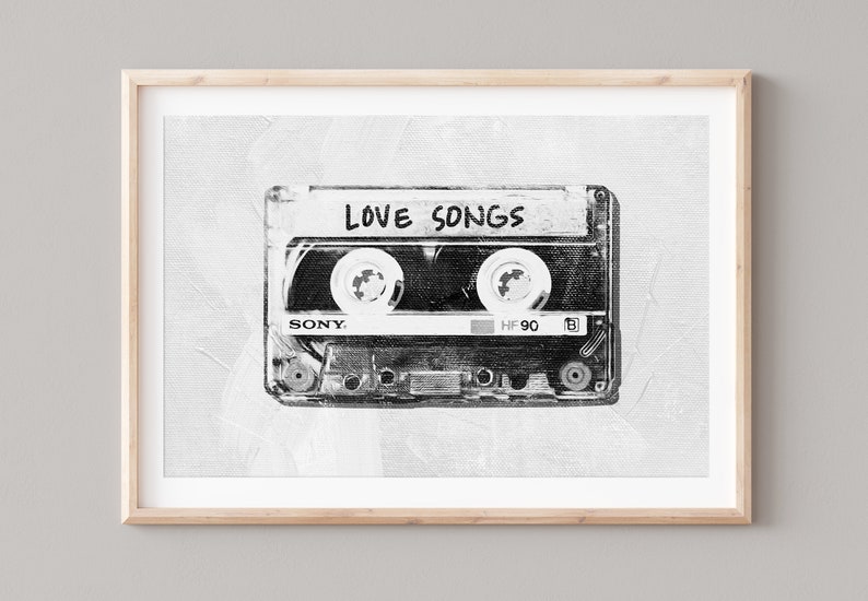 May include: Black and white illustration of a cassette tape with the words "LOVE SONGS" written on the label. The tape is labeled "SONY" and "HF 90".