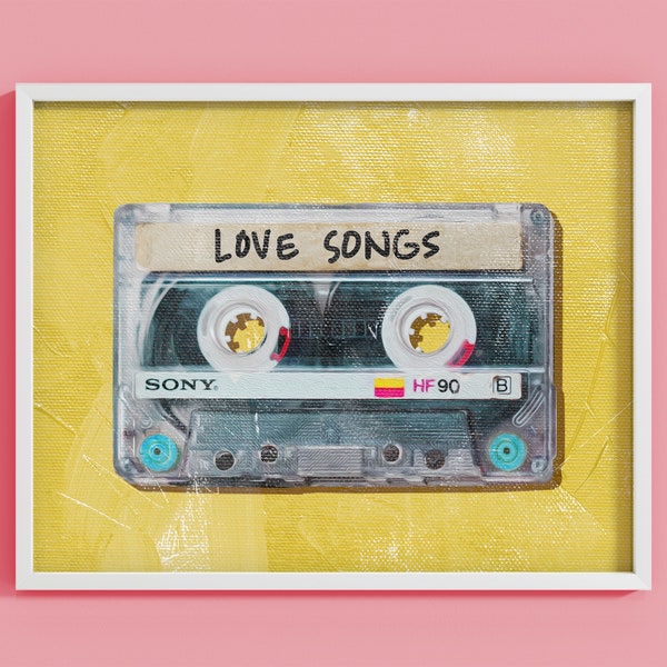Retro cassette tape music wall art, old school prints, love songs mix tape Digital download, 1980s Nostalgia, Music wall art, pop art print