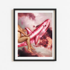 Shark Digital Print, LGBT Illustration, Pink Shark, Riding A Shark, Clouds, Graphic Print, Gay Illustrated Artwork, flying shark