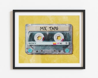 Mix tape cassette print, colorful cassette, audio cassette print, cassette tape art, music cassettes art, oldies music, retro cassette tape