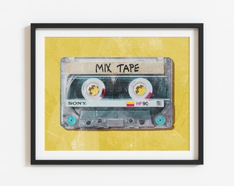 Retro cassette tape music wall art, old school prints, mix tape cassette Digital download, 1980s Nostalgia, Music wall art, pop art print,