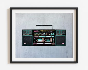 May include: A vintage boombox with a black and green exterior, featuring a silver handle, cassette tape deck, and a variety of buttons and knobs. The boombox is set against a gray background.