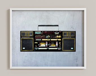 May include: A vintage black and gold boombox with a cassette player and a radio tuner. The boombox has a silver handle and a red and black display.