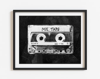 Arte da parete musicale con cassetta retrò, stampe della vecchia scuola, nastro mix Download digitale, nostalgia degli anni '80, arte della parete musicale, stampa pop art