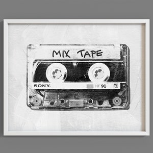 Arte de parede de música de fita cassete retrô, impressões da velha escola, download digital de fita mixtape, nostalgia dos anos 1980, arte de parede de música, impressão de pop art