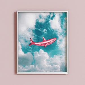 Shark Artwork, Shark Digital Print, Pink Shark, Kids Room Artwork, Nursery Room Artwork, Fun Downloadable Artwork, Sky, flying shark