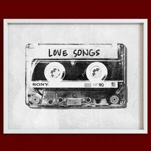 May include: A black and white illustration of a cassette tape with the words "LOVE SONGS" written on the label. The tape is labeled "SONY" and "HF 90".