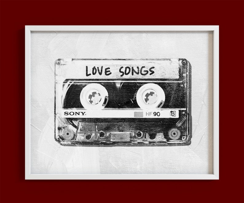 May include: A black and white illustration of a cassette tape with the words "LOVE SONGS" written on the label. The tape is labeled "SONY" and "HF 90".