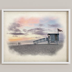 Sunset Lifeguard Tower Watercolor Painting, Pastels, Lifeguard House, Santa Monica Sunset artwork, Los Angeles Coastal Decor, beach vibes