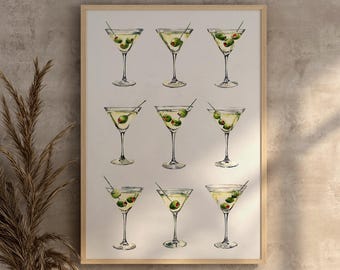 barra de acuarela retro, arte de cóctel clásico, arte de cóctel de moda, impresión de martini lindo, póster de mixología, impresión de arte de carrito de bar, martini sucio