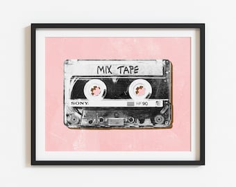 Retro cassette tape music wall art, old school prints, pink mix tape Digital download, 1980s art, Music wall art, pop art print, mix tape