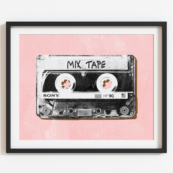 Retro cassette tape music wall art, old school prints, pink mix tape Digital download, 1980s art, Music wall art, pop art print, mix tape