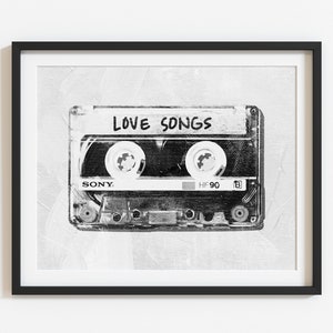 Retro cassette tape music wall art, old school prints, love songs mix tape Digital download, 1980s Nostalgia, Music wall art, pop art print