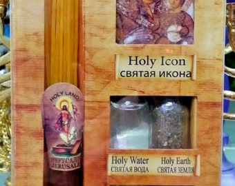 Beeswax Candle Blessed Set Holy Water,Jerusalem Soil,Anointing Oil,Incense of Jerusalem