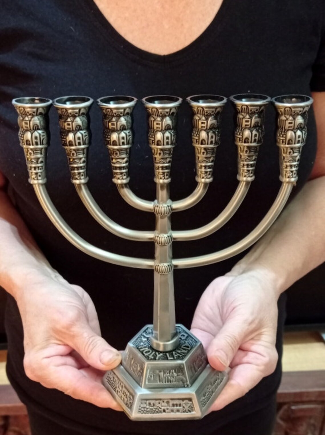 Decorative Metal Hanukkah Menorah Silver Tone Large Chanukah Candles Judaica Art