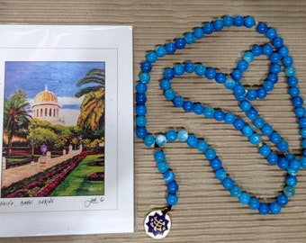 Baha'i 95 Praying Beads Gemstone Prayers Beads and a painting of the shrine of the Bab, Bahai Gift From Haifa