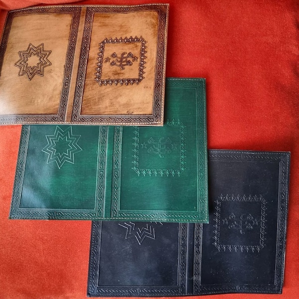 Baha'i Prayers Buch Lederhülle, Bahai Geschenk, 9 Spitzstern und Ringstein Symbol, handgefertigt in Haifa ! 3 Farboption
