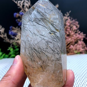 Rare Natural black Tourmaline Rutilated Quartz Tower/black Tourmaline Included Crystal Point/Crystal Specimen/Crystal energy/Healing crystal