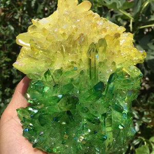 Aura Green+yellow Quartz Crystal Cluster/Angel Aura Quartz Crystal Cluster/Cluster Titanium Crystal Healing Crystal/Reiki/Meditation/Energy