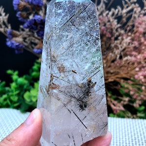 Rare Natural black Tourmaline Rutilated Quartz Tower/black Tourmaline Included Crystal Point/Crystal Specimen/Crystal energy/Healing crystal