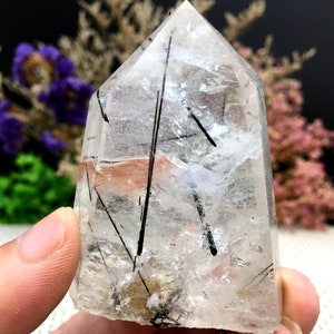Rare Natural black Tourmaline Rutilated Quartz Tower/black Tourmaline Included Crystal Point/Crystal Specimen/Crystal energy/Healing crystal