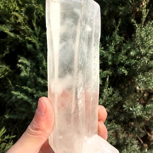 Peut inclure: Un grand cristal de quartz clair avec une pointe pointue et une base plate. Le cristal est translucide et a un léger éclat.