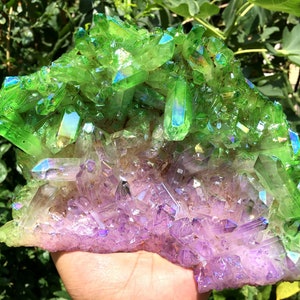 Aura Green+purple Quartz Crystal Cluster/Angel Aura Quartz Crystal Cluster/Cluster Titanium Crystal Healing Crystal/Reiki/Meditation/Energy