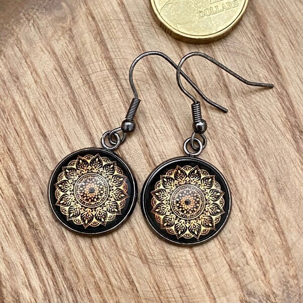 Mandala earring, black mandala earring,rose gold mandala earrings, birthday gift for her, boho hippie earring, bohemian gypsy jewellery