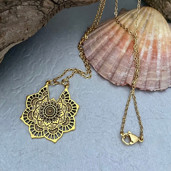Gold mandala pendant necklace, gift for her birthday, best friend gift, boho hippie necklace, bohemian vintage, gift for her, OOAK necklace
