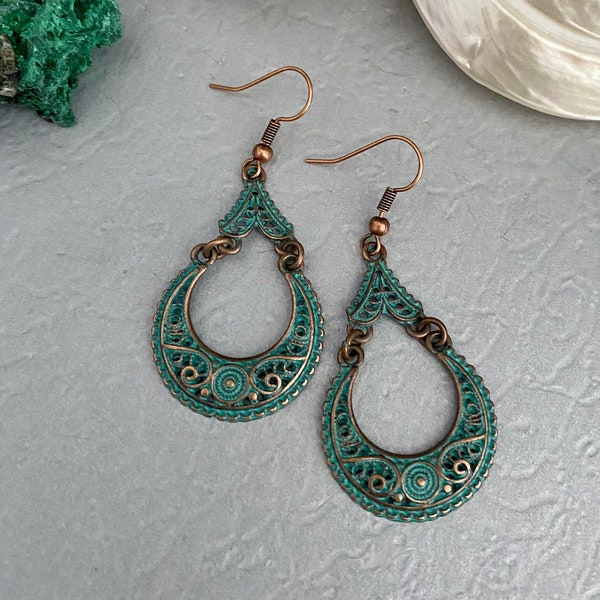 Green Patina Filigree Earrings, Crescent Moon earrings, Boho Hippy earring, Bohemian gypsy, Australian seller, birthday present for her