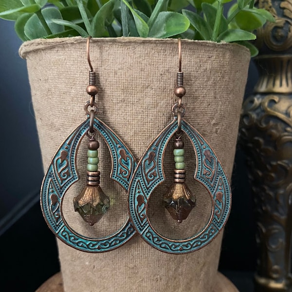 Moroccan inspired boho earring, rustic green patina earring, bohemian hippie earring, australian seller, boho gypsy earring, tribal earrings