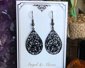 Black Filigree Small Teardrop Earrings, Small Earrings, Cute Earrings, Lightweight Earrings, Gift For Her