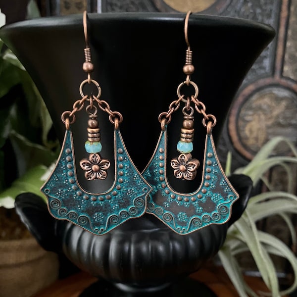 Turquoise patina flower earring, statement earrings, bohemian gypsy earring, Australian seller, rustic hippie earring, birthday gift for her