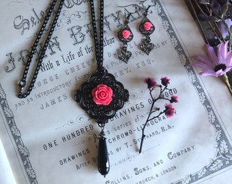 Black & Dark Pink Vintage Rose Necklace and Earrings Set, Victorian Gothic, Jewellery Set, Gift For Her