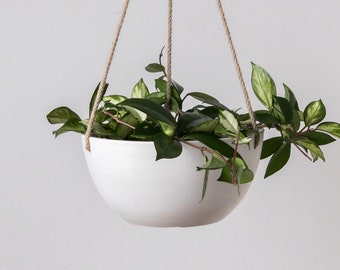 10" Hanging Planter Pot with Drainage Hole & Plug | Large White Hanging Wall Planter Indoor | Imitation Concrete Ceramic Hanging Planter