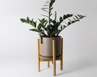 9" Planter Pot with Bamboo Pot Stand | Mid Century Stone Planter | Adjustable Planter Stand | Indoor Plant Stand | Bamboo Large Pot Holder