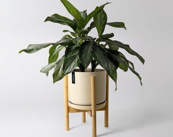 Cache-pot de 9 po. avec support en bambou | Jardinière en pierre du milieu du siècle | Support de jardinière réglable | Support pour plante d'intérieur | Grand support de pot en bambou