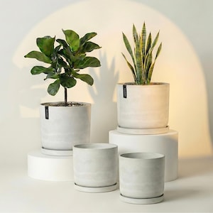 Set of 4 Modern Indoor Planters – 9” & 12” Pots with Drainage Tray | The Signature Repotting Planter Set | Imitation Concrete Ceramic Pots