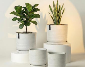 Set of 4 Modern Indoor Planters – 9” & 12” Pots with Drainage Tray | The Signature Repotting Planter Set | Imitation Concrete Ceramic Pots