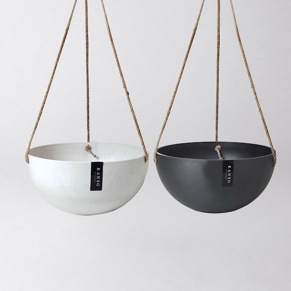 12" Hanging Planter Pot with Drainage Hole & Plug | Large Black Hanging Wall Planter Indoor | Imitation Concrete Ceramic Hanging Planter
