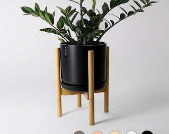 9" Planter Pot with Bamboo Pot Stand | Mid Century Stone Planter | Adjustable Planter Stand | Indoor Plant Stand | Bamboo Large Pot Holder