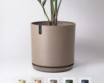 16" Planter Pot with Saucer | Drainage Hole & Plug | Indoor Plant Pot | Houseplant Flower Pot | Imitation Concrete Ceramic Planter Pot