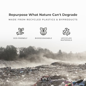 Op de afbeelding: Een hoop afval met een wazige achtergrond. De tekst "Repurpose What Nature Can't Degrade" staat bovenaan de afbeelding. Onder de tekst staan drie pictogrammen: een hand die een plant vasthoudt, een wereldbol met een plant en een recycle-symbool. De tekst "MADE FROM RECYCLED PLASTICS & BYPRODUCTS" staat onder de pictogrammen. De tekst "ECO-FRIENDLY" staat onder het eerste pictogram, "BIODEGRADABLE" onder het tweede pictogram en "UPCYCLED MATERIALS" onder het derde pictogram. De tekst "KANSO DESIGNS" staat onderaan de afbeelding.