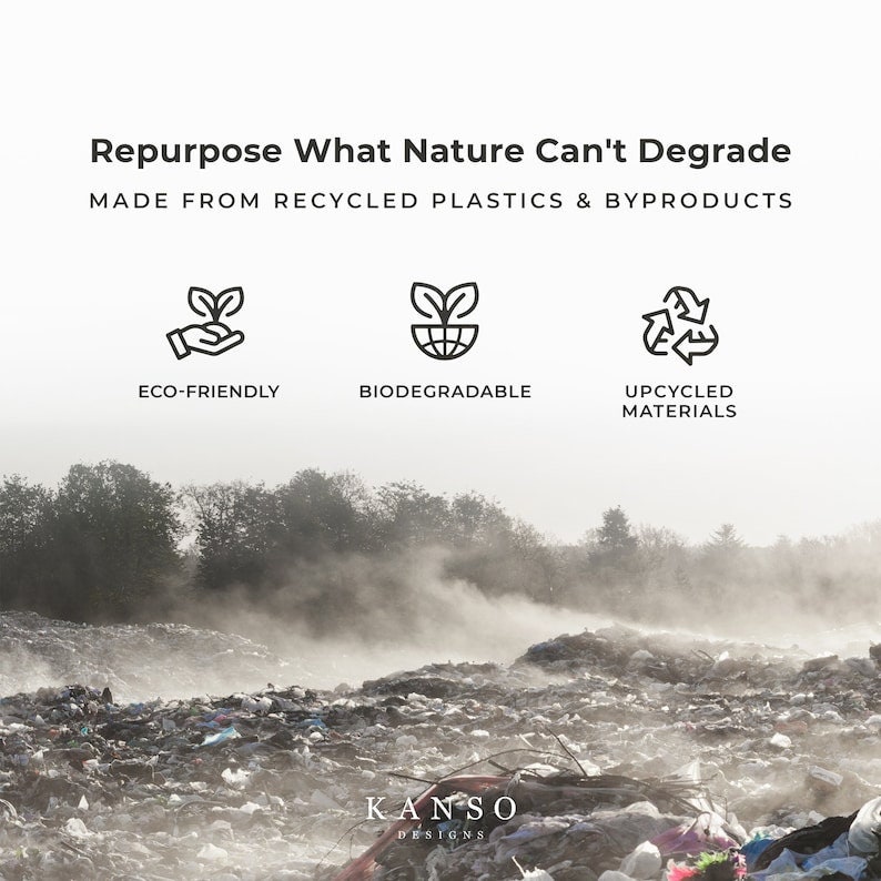 Op de afbeelding: Een hoop afval met een wazige achtergrond. De tekst "Repurpose What Nature Can't Degrade" staat bovenaan de afbeelding. Onder de tekst staan drie pictogrammen: een hand die een plant vasthoudt, een wereldbol met een plant en een recycle-symbool. De tekst "MADE FROM RECYCLED PLASTICS & BYPRODUCTS" staat onder de pictogrammen. De tekst "ECO-FRIENDLY" staat onder het eerste pictogram, "BIODEGRADABLE" onder het tweede pictogram en "UPCYCLED MATERIALS" onder het derde pictogram. De tekst "KANSO DESIGNS" staat onderaan de afbeelding.