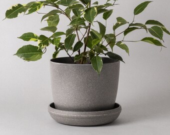 7" Grey Plant Pot | Planter Pot with Saucer | Plant Pot with Drainage Hole | Ceramic Concrete Imitation | Modern Planter Houseplant Pot