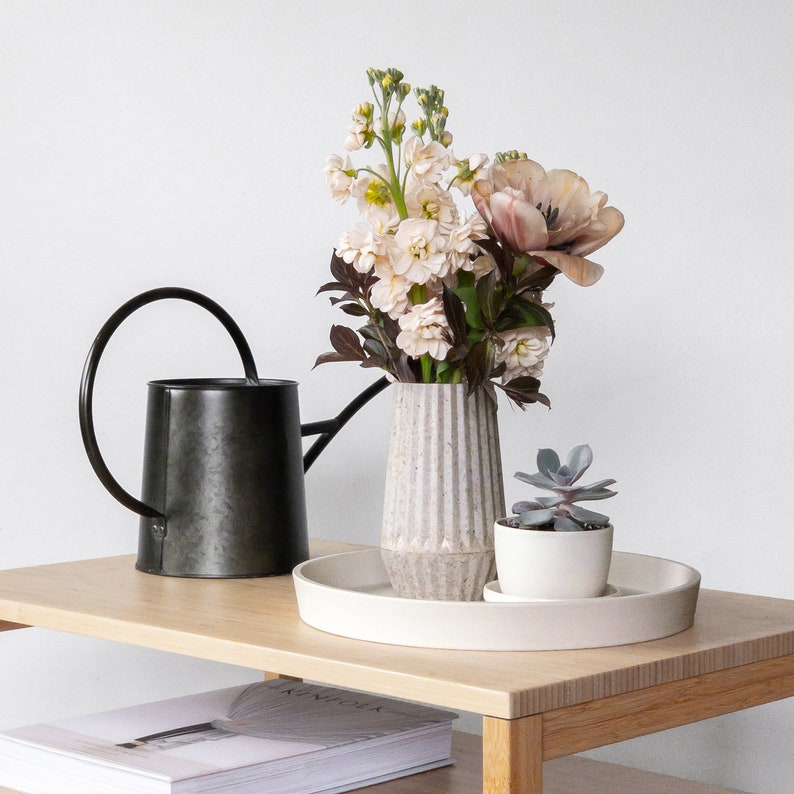 May include: A black metal watering can with a long spout and a handle, a white ceramic vase with a textured surface, and a small succulent plant in a white ceramic pot. The items are arranged on a light wood table.