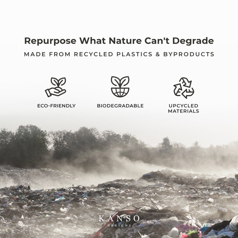 May include: A pile of rubbish with a misty background. The text "Repurpose What Nature Can't Degrade" is at the top of the image. Below the text are three icons: a hand holding a plant, a globe with a plant on top, and a recycling symbol. The text "ECO-FRIENDLY", "BIODEGRADABLE", and "UPCYCLED MATERIALS" are below the icons. The text "KANSO DESIGNS" is at the bottom of the image.