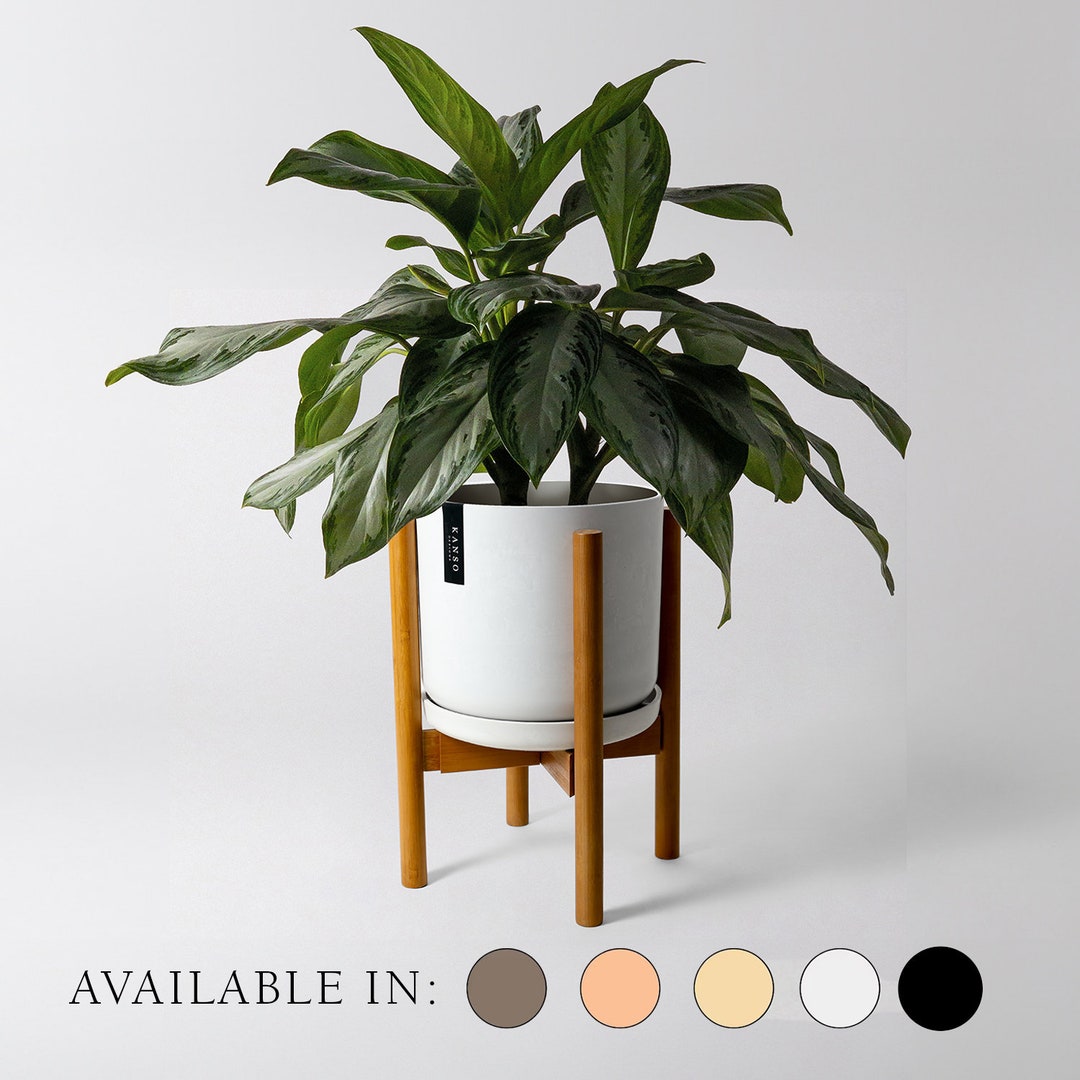 9" Signature Stone Planter Pot with Adjustable Dark Bamboo Stand Set